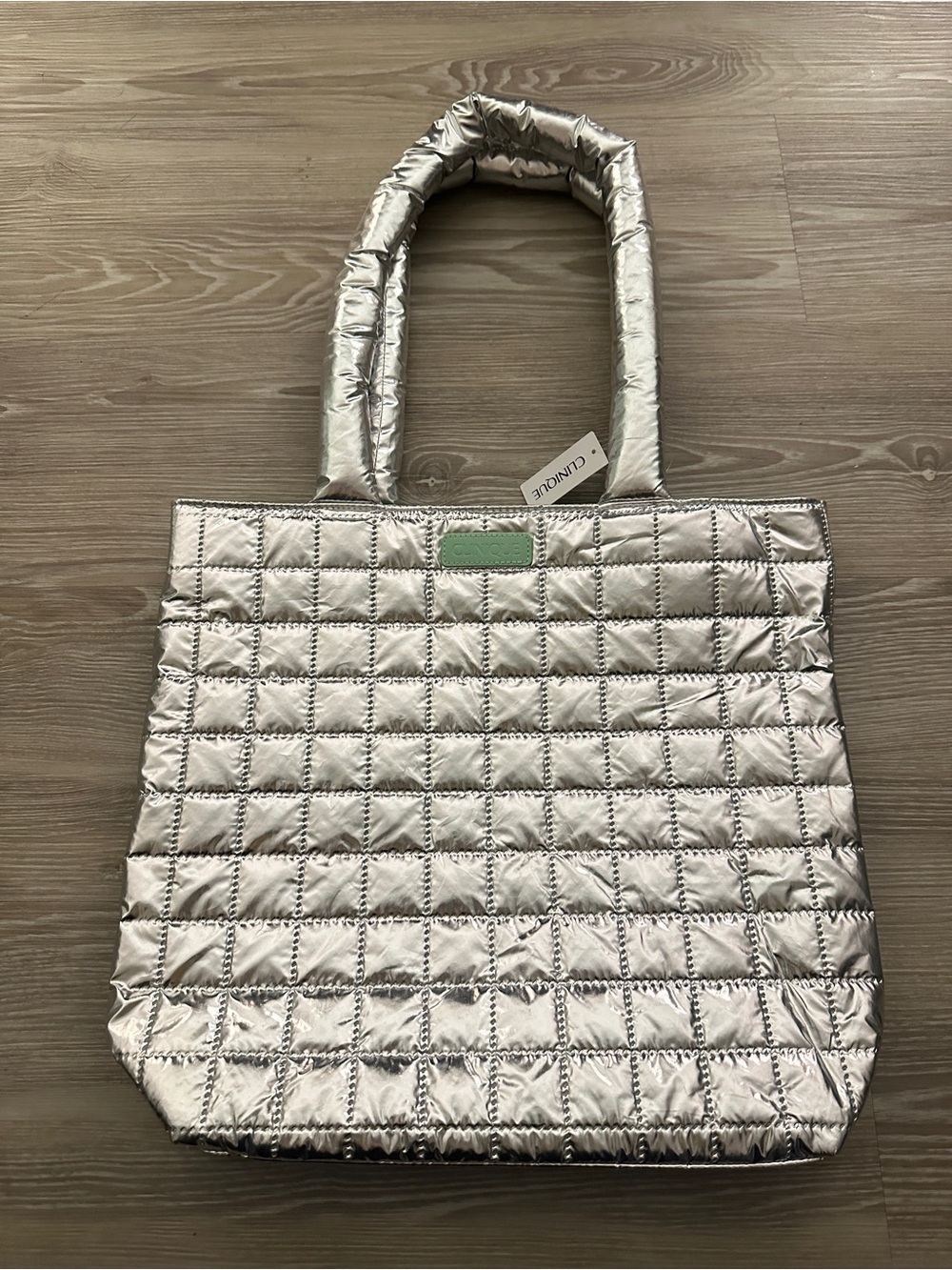 Clinique Quilted Metallic Silver Tote Bag with Padded Handles